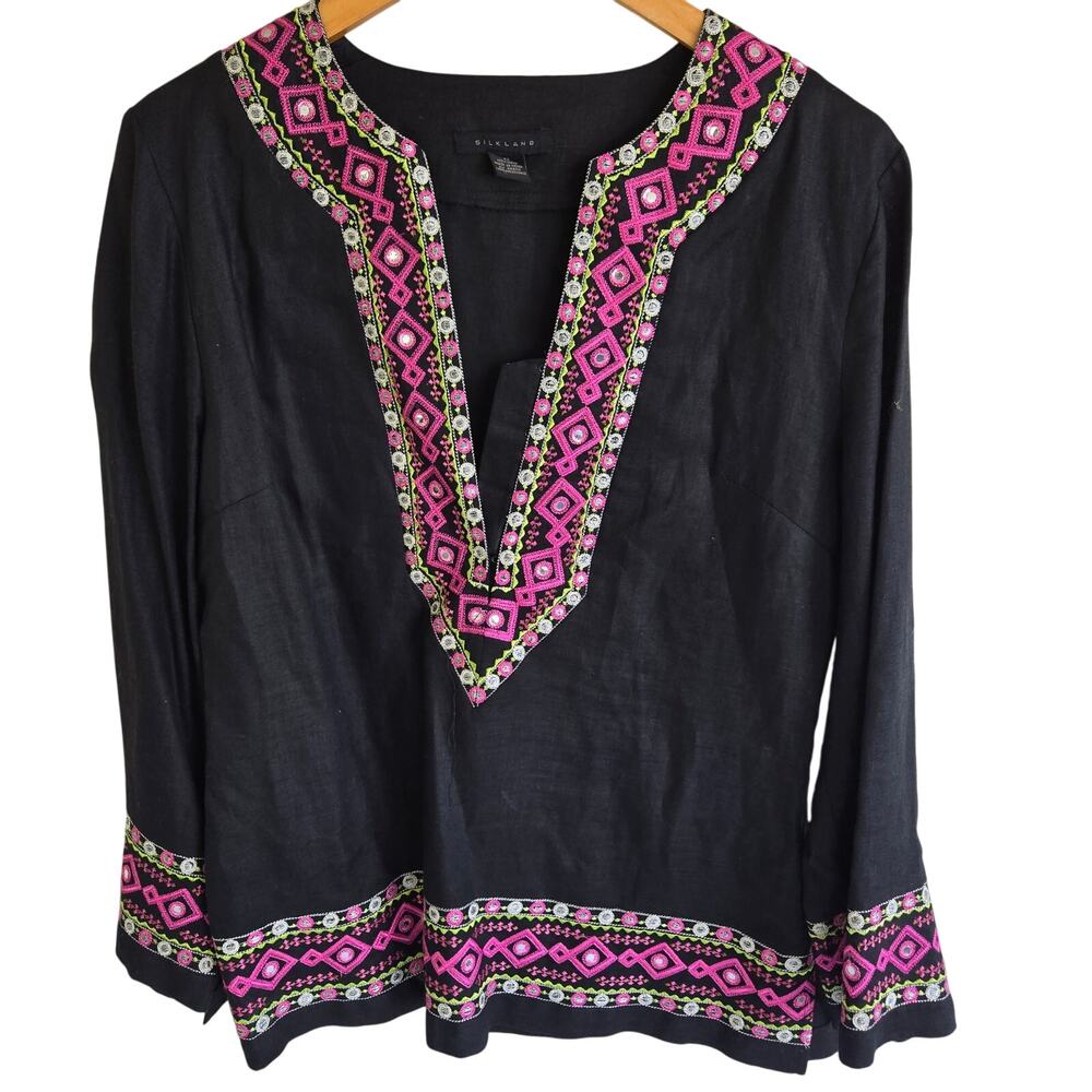 Silkland Black 100% Linen Embellished Boho Top Size 12 Heavily Embroidered